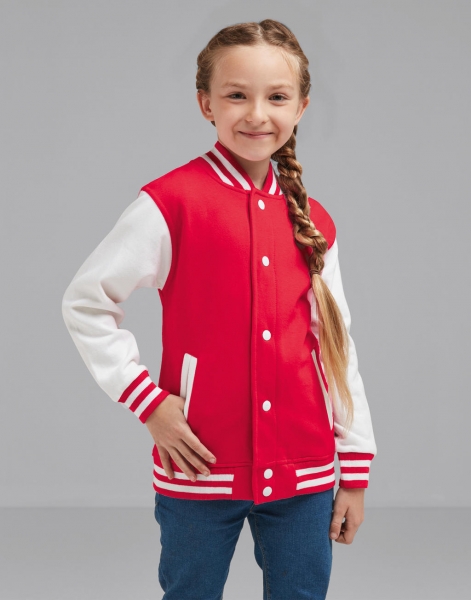 κορίτσι που φοράει μακρυμάνικο κολλεγιακό jacket με τσέπες και κουμπιά σε χρώμα κόκκινο λευκό