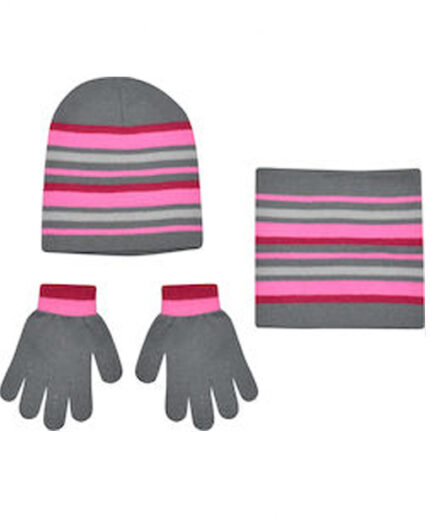 παιδικό σετ κασκόλ γάντια και σκούφος γκρί ροζ και κόκκινο