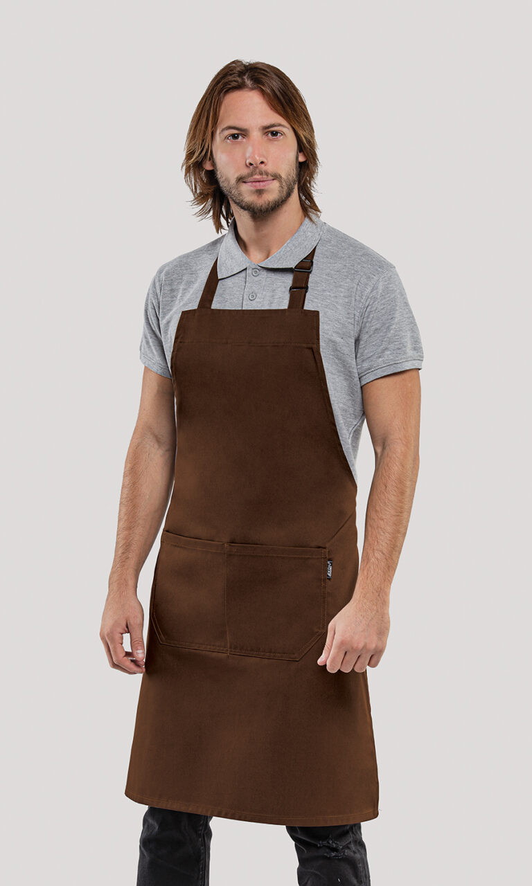ποδιά εργασίας λαιμού με τσέπες μπροστά σε χρώμα καφέ