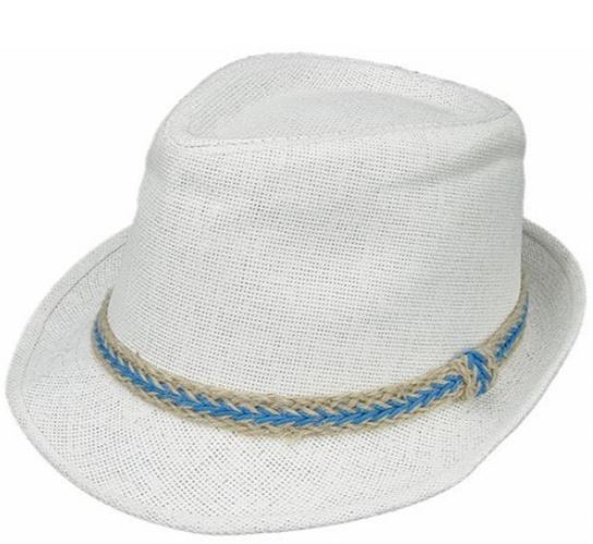 ψάθινο καπέλο καβουράκι λευκό με κορδέλα μπεζ με μπλε