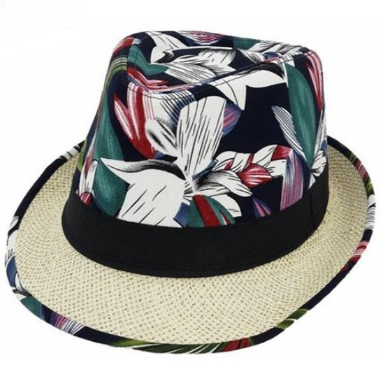 ψάθινο καπέλο καβουράκι μπεζ και μαύρο με σχέδιο φυτά και μαύρη κορδέλα