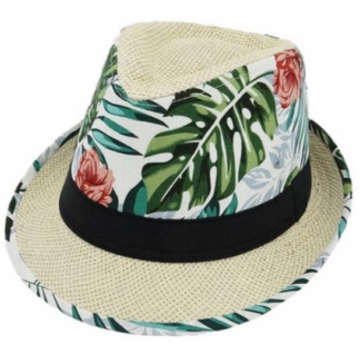 ψάθινο καπέλο καβουράκι μπεζ και λευκό με σχέδιο φυτά και μαύρη κορδέλα