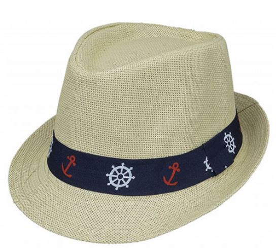 ψάθινο καπέλο καβουράκι μπεζ με κορδέλα μπλε και σχέδιο άγκυρες