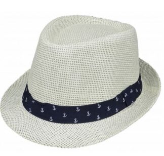 ψάθινο καπέλο καβουράκι λευκό με κορδέλα μπλε και σχέδιο άγκυρες