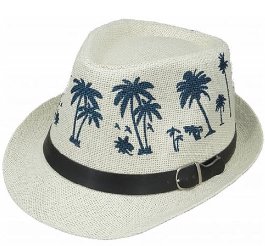 ψάθινο καπέλο καβουράκι λευκό με σχέδιο φοίνικες