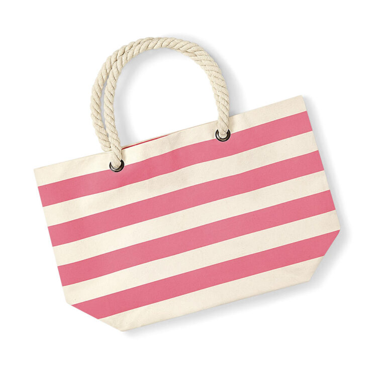 τσάντα παραλίας ριγέ λευκή και ροζ με σχοινί