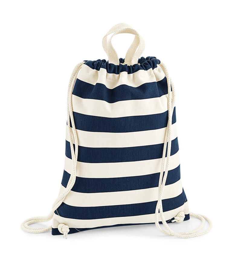 τσάντα πλάτης ριγέ σε χρώμα λευκό και μπλε σκούρο και χερούλια μεγάλα και μικρά σε χρώμα λευκό