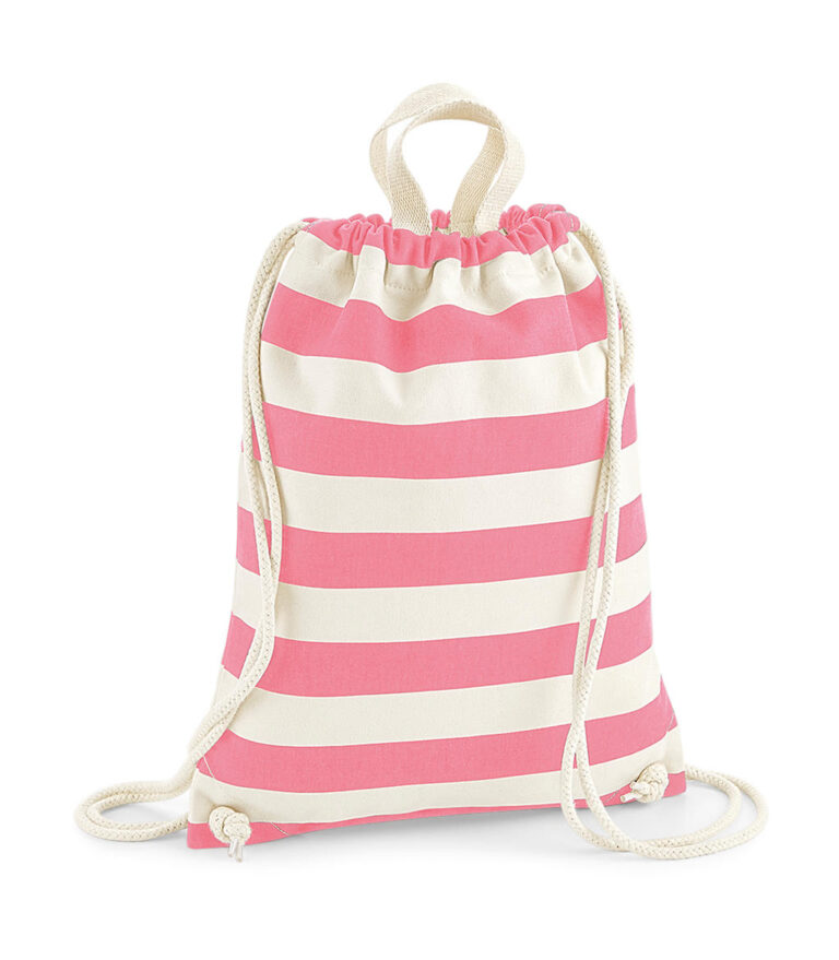 τσάντα πλάτης ριγέ σε χρώμα λευκό και ροζ και χερούλια μεγάλα και μικρά σε χρώμα λευκό