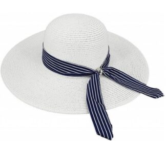 ψάθινο γυναικείο καπέλο λευκό με κορδέλα ριγέ λευκή με μπλε