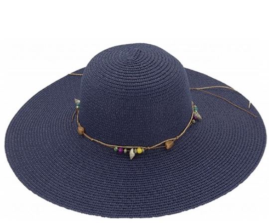 ψάθινο γυναικείο καπέλο μπλε με διακοσμητικό κορδόνι με κοχύλια