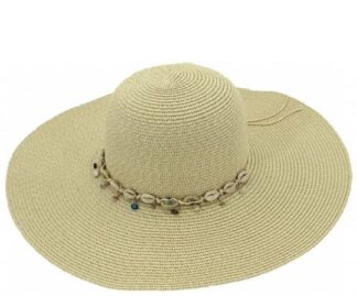 ψάθινο γυναικείο καπέλο μπεζ με διακοσμητικό κορδόνι με κοχύλια
