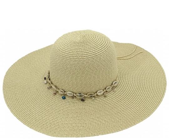 ψάθινο γυναικείο καπέλο μπεζ με διακοσμητικό κορδόνι με κοχύλια